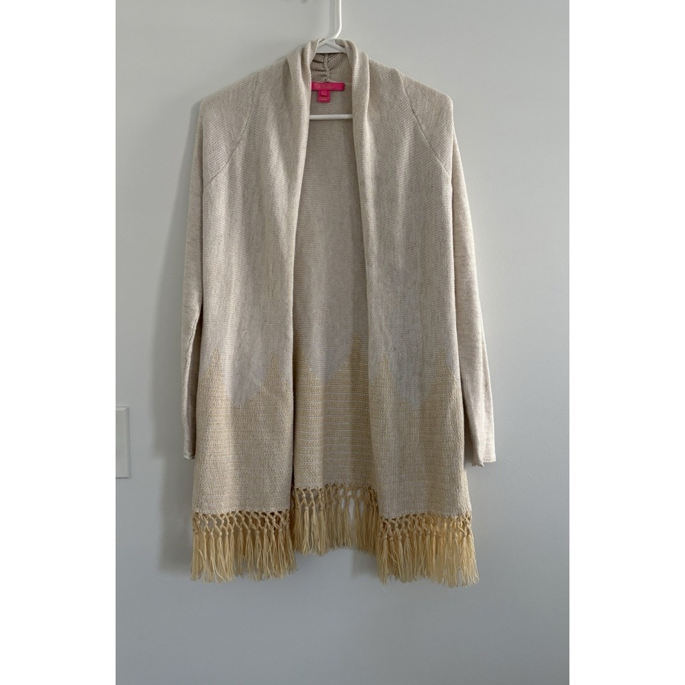 Lilly Pulitzer Tatum Long Fringe Hem Open BeigeGold Strings Sweater/Cardigan SzS - Picture 3 of 13